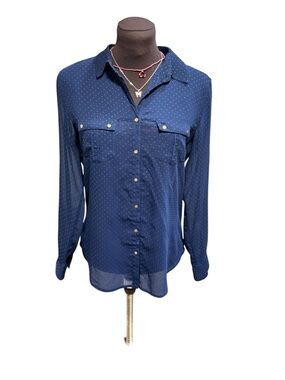 MNG by Mango Womens Sz S Navy Blue Sheer Polka Dot Button Down Blouse Casual Top